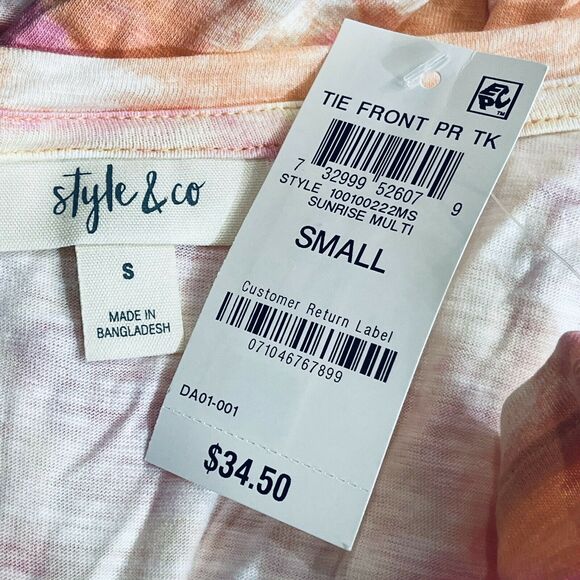 Style & Co Small Tank Top Tie-Dye Stretch Button V-Neck Tie Front Lightweight - Picture 6 of 8